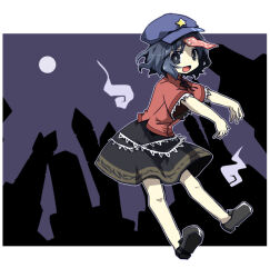 Rule 34 | 00tea, 1girl, :d, black eyes, black footwear, black hair, black skirt, bright pupils, cabbie hat, full moon, graveyard, hat, hat ornament, jiangshi, looking at viewer, miyako yoshika, moon, night, open mouth, outdoors, outstretched arms, purple hat, red shirt, shirt, short hair, short sleeves, skirt, smile, solo, star (symbol), star hat ornament, touhou, white pupils