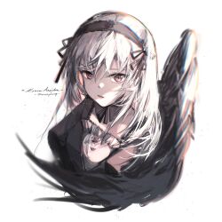 Rule 34 | 1girl, absurdres, black dress, black hairband, black wings, blueblossom, commentary, dress, english commentary, frills, hairband, highres, long hair, looking at viewer, red eyes, rozen maiden, simple background, solo, suigintou, upper body, white background, white hair, wings