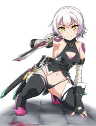Rule 34 | &gt;:), 1girl, arm belt, bandaged arm, bandages, belt, black gloves, black panties, black thighhighs, blood, boots, buckle, cleavage cutout, clothing cutout, commentary request, dagger, elbow gloves, fate/apocrypha, fate (series), fingerless gloves, gloves, jack the ripper (fate/apocrypha), knife, looking at viewer, navel, on one knee, panties, pink footwear, reverse grip, scar, scar across eye, scar on face, sheath, shoes, shoulder tattoo, silver hair, single elbow glove, single fingerless glove, sleeveless, solo, tattoo, thigh boots, thighhighs, underwear, v-shaped eyebrows, weapon, yellow eyes, yopparai oni