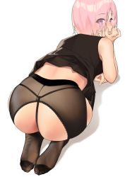 Rule 34 | 1girl, all fours, ass, bare arms, bare shoulders, black dress, black panties, black pantyhose, clothes lift, commentary request, dress, dress lift, eyes visible through hair, fate/grand order, fate (series), feet, from behind, hair over one eye, hand up, highres, hyouuma, looking at viewer, looking back, mash kyrielight, no shoes, panties, pantyhose, parted lips, pink hair, short hair, simple background, sleeveless, soles, solo, underwear, white background