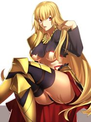 Rule 34 | 1girl, armor, black shirt, black thighhighs, blonde hair, breasts, cape, chietori, crossed legs, fate/stay night, fate (series), faulds, genderswap, genderswap (mtf), gilgamesh-ko, gilgamesh (fate), hand in own hair, large breasts, long hair, long sleeves, looking at viewer, midriff, open mouth, pauldrons, red cape, red eyes, shirt, shoulder armor, simple background, sitting, solo, thighhighs, torn clothes, torn shirt, underboob, very long hair, waist cape, white background