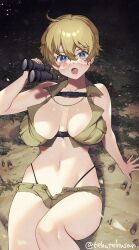 Rule 34 | 1girl, binoculars, blonde hair, blue eyes, blush, breasts, brown shorts, brown skirt, chest strap, cleavage, collared shirt, glasses, hair between eyes, highleg, highleg panties, highres, holding, holding binoculars, large breasts, looking at viewer, midriff, murata tefu, navel, on ground, open clothes, open fly, open mouth, open shirt, original, panties, revealing clothes, round eyewear, shirt, short hair, short shorts, shorts, skirt, torn clothes, unbuttoned, underwear