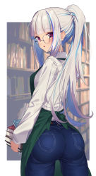 Rule 34 | 1girl, :o, absurdres, alternate costume, apron, ass, bad id, bad pixiv id, bespectacled, blouse, blue hair, blunt bangs, book, bookcase, breasts, collared shirt, denim, from behind, glasses, hair behind ear, highres, holding, holding book, huge ass, jeans, library, lize helesta, long hair, multicolored hair, nenehotoso, nijisanji, outside border, pants, ponytail, purple eyes, shirt, solo, streaked hair, very long hair, virtual youtuber, white hair, white shirt