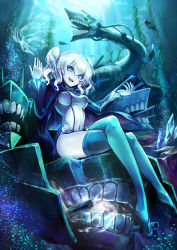 Rule 34 | 10s, 1girl, :d, abyssal ship, air bubble, animal, black footwear, blue eyes, blue theme, blue thighhighs, bubble, cannon, coral, creature, crossed legs, crystal, dark persona, fish, frilled sleeves, frills, glowing, glowing eyes, hair between eyes, high heels, jacket, kantai collection, kashima (kancolle), kito (kito2), long hair, long sleeves, looking at viewer, open mouth, pale skin, seaweed, shoes, side slit, sitting, smile, solo, swirl, thighhighs, two side up, underwater, white hair