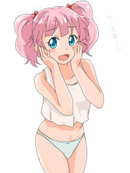 Rule 34 | 1girl, blue panties, blush, bow, bow panties, female focus, hands on own cheeks, hands on own face, open mouth, panties, pink hair, simple background, solo, twintails, underwear, white background, yoshikawa chinatsu, yuru yuri