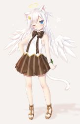 Rule 34 | 1girl, angel wings, animal ears, blue eyes, blush, bow, brown bow, brown skirt, cacao (yano mitsuki), cat ears, cat tail, commentary request, feathered wings, full body, halo, highres, long hair, one eye closed, original, polka dot, polka dot bow, sandals, shirt, silver hair, skirt, sleeveless, sleeveless shirt, solo, standing, striped clothes, striped skirt, tail, vertical-striped clothes, vertical-striped skirt, white wings, wings, yano mitsuki (nanairo)
