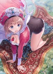 Rule 34 | 1girl, absurdres, atelier (series), atelier rorona, blue eyes, boots, breasts, brown dress, brown hair, cape, dress, feather hair ornament, feathers, flying, hair ornament, hat, highres, jewelry, kishida mel, kneeling, large breasts, looking away, magic carpet, medium hair, open mouth, outdoors, pendant, red hat, rororina fryxell, skirt, solo