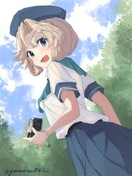 Rule 34 | 1girl, absurdres, blonde hair, blue eyes, blue skirt, blue sky, blush, camera, cloud, cloudy sky, day, forest, highres, holding, holding camera, janus (kancolle), kantai collection, long skirt, looking at viewer, looking back, nature, official alternate costume, open mouth, outdoors, parted bangs, sailor collar, shirt, short hair, skirt, sky, smile, solo, tree, white shirt, yamamori oyatsu