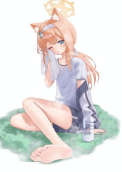 Rule 34 | 1girl, animal ear fluff, animal ears, barefoot, black shorts, blue archive, blue eyes, flower, gym shirt, gym shorts, hair flower, hair ornament, halo, highres, holding, holding towel, jacket, long hair, mari (blue archive), mari (track) (blue archive), official alternate costume, one eye closed, orange hair, parted lips, rryiup, shirt, shorts, soles, solo, sweat, toes, towel, track jacket, white flower, white shirt, yellow halo