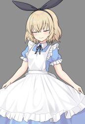 Rule 34 | 1girl, alice (black souls), apron, black hairband, black souls, blonde hair, blue dress, closed eyes, closed mouth, commentary, dress, facing viewer, grey background, hairband, palenitre, short hair, simple background, smile, solo, white apron