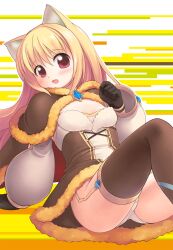 Rule 34 | 1girl, animal ears, black gloves, blonde hair, blush, breasts, brooch, brown thighhighs, cape, cat ears, detached sleeves, dress, emurin, feet out of frame, fur-trimmed cape, fur-trimmed dress, fur trim, garter straps, gloves, hair between eyes, highres, jewelry, long hair, looking at viewer, official alternate costume, open mouth, outline, panties, ragnarok online, red cape, red eyes, short dress, small breasts, smile, solo, strapless, strapless dress, thighhighs, two-sided cape, two-sided fabric, two-tone dress, underwear, warlock (ragnarok online), white background, white dress, white outline, white panties, white sleeves, yellow background