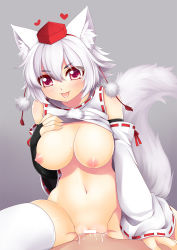 Rule 34 | 1girl, :p, animal ears, blush, bottomless, breasts, bridal gauntlets, clothes lift, cowgirl position, detached sleeves, elbow gloves, girl on top, gloves, hat, highres, inubashiri momiji, large breasts, looking at viewer, navel, nipples, penis, red eyes, ribbon-trimmed sleeves, ribbon trim, sex, shirt, shirt lift, short hair, smile, solo, solo focus, straddling, tail, thighhighs, tokin hat, tongue, tongue out, touhou, vaginal, white hair, wide sleeves, wolf ears, wolf tail, wolflong