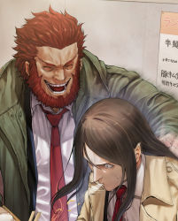 Rule 34 | 2boys, beard, black eyes, black hair, chopsticks, coat, collared coat, collared shirt, contemporary, eating, closed eyes, facial hair, fate/grand order, fate (series), formal, frown, highres, hitting, iskandar (fate), long hair, lord el-melloi ii, male focus, manly, mature male, mugetsu2501, multiple boys, muscular, muscular male, necktie, open clothes, open coat, open mouth, pointy ears, red hair, restaurant, shirt, sign, smile, spiked hair, spitting, suit, surprised, tan, teeth, tongue, upper body, waver velvet
