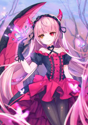 Rule 34 | 1girl, 8rats, bare shoulders, black dress, black gloves, black pantyhose, bug, butterfly, collarbone, dress, frills, gloves, headdress, heterochromia, horns, insect, long hair, multicolored clothes, multicolored dress, original, outdoors, pantyhose, pink dress, pink hair, red eyes, red horns, short sleeves, solo, two-tone dress, very long hair, yellow eyes