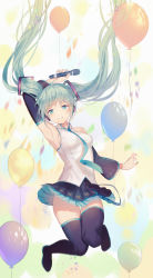 Rule 34 | 1girl, arm up, armpits, bad id, bad pixiv id, balloon, black footwear, black skirt, blouse, blue eyes, blue necktie, boots, breasts, detached sleeves, floating hair, full body, green eyes, hair ornament, hatsune miku, highres, holding, holding microphone, long hair, looking at viewer, medium breasts, microphone, miniskirt, necktie, parted lips, pleated skirt, qingshui ai, shirt, sideboob, skirt, sleeveless, sleeveless shirt, smile, solo, suna no wakusei (vocaloid), thigh boots, thighhighs, very long hair, vocaloid, white shirt
