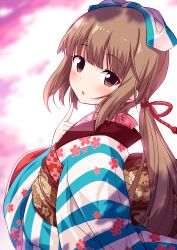 Rule 34 | 1girl, absurdres, blunt bangs, blurry, blurry background, blush, brown eyes, brown hair, commentary request, depth of field, highres, idolmaster, idolmaster cinderella girls, idolmaster cinderella girls starlight stage, japanese clothes, kimono, long hair, long sleeves, looking at viewer, looking to the side, obi, parted lips, sash, solo, striped clothes, striped kimono, ugume, vertical-striped clothes, vertical-striped kimono, very long hair, wide sleeves, yorita yoshino