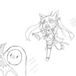 Rule 34 | 1girl, 1other, ahoge, animal ears, braid, chasing, commentary, fall guy, fall guys, fox ears, fox girl, fox tail, fur-trimmed jacket, fur trim, greyscale, hair between eyes, holding tail, hololive, jacket, kage hitsugi, long hair, long sleeves, monochrome, motion lines, notice lines, open mouth, outstretched arms, pentagram, running, shirakami fubuki, shirakami fubuki (fubukitek), shouting, sidelocks, single braid, sketch, tail, tearing up, thigh strap, twintails, virtual youtuber