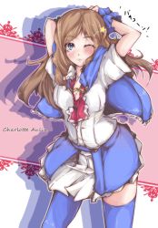 Rule 34 | 1girl, arms behind head, blue eyes, blush, breasts, brown hair, cape, castlevania (series), castlevania: portrait of ruin, charlotte aulin, cleavage, lips, long hair, nikke (cherish), one eye closed, skirt, solo, star (symbol), thighhighs, wink, zettai ryouiki