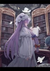 Rule 34 | 1girl, book, bookshelf, bug, butterfly, crescent moon, dome, globe, hair ribbon, hat, insect, letterboxed, library, long hair, looking back, mob cap, moon, night, night sky, ookashippo, patchouli knowledge, purple eyes, purple hair, ribbon, sky, solo, touhou