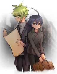 2boys ahoge alternate_costume amami_rantaro bag black_jacket brown_bag brown_eyes brown_jacket buttons closed_mouth cropped_legs danganronpa_(series) danganronpa_v3:_killing_harmony double-breasted earrings green_hair hair_between_eyes highres holding holding_bag jacket jewelry looking_at_viewer male_focus multiple_boys necklace ribonmaru ring saihara_shuichi short_hair