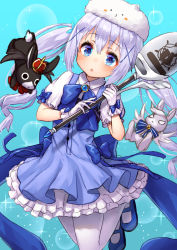 Rule 34 | 1girl, :o, animal, blue bow, blue dress, blue eyes, blue footwear, blush, bow, character request, commentary request, copyright request, dress, gem, gloves, grey hair, hair between eyes, hair ornament, hat, holding, holding staff, long hair, magical girl, pensuke, short sleeves, solo, staff, twintails, white gloves, white legwear, wings, x hair ornament