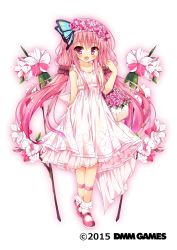 Rule 34 | 1girl, arm behind back, blush, butterfly hair ornament, collarbone, copyright name, dmm, dress, flower, flower basket, flower knight girl, full body, hair flower, hair ornament, hanamomo (flower knight girl), highres, huei nazuki, long hair, looking at viewer, name connection, object namesake, official art, open mouth, pink eyes, pink footwear, pink hair, sleeveless, socks, solo, standing, tagme, twintails, white background, white dress, white socks