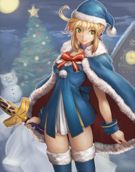 Rule 34 | 1girl, ahoge, artoria pendragon (all), artoria pendragon (fate), bauble, blonde hair, blue cape, blue dress, bobblehat, bow, bowtie, breasts, building, cape, choker, christmas ornaments, christmas tree, cloud, cloudy sky, collarbone, covered erect nipples, dress, fate/grand order, fate/stay night, fate (series), fur trim, green eyes, hat, holding, holding sword, holding weapon, house, light, neco-arc, no legwear, official alternate costume, outdoors, red bow, red bowtie, saber (fate), saber (present for my master) (fate), santa costume, santa hat, sky, small breasts, snow, snowman, solo, sowel (sk3), sword, weapon, wrist cuffs