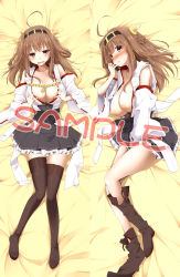 Rule 34 | 10s, 1girl, ahoge, bare shoulders, bed sheet, black thighhighs, blush, boots, breasts, brown hair, dakimakura (medium), detached sleeves, frilled skirt, frills, hair ornament, headgear, japanese clothes, kantai collection, kongou (kancolle), kurikara, legs, long hair, lying, multiple views, nipples, nontraditional miko, on back, on side, open clothes, open mouth, open shirt, personification, ribbon-trimmed sleeves, ribbon trim, sample watermark, shirt, shoe dangle, skirt, thigh boots, thighhighs, undressing, watermark