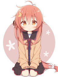 Rule 34 | 1girl, antenna hair, ayanepuna, black ribbon, black sailor collar, black skirt, blue shirt, blush, brown background, brown cardigan, brown eyes, cardigan, commentary request, crescent, crescent hair ornament, floral background, full body, hair between eyes, hair ornament, hair ribbon, highres, kantai collection, long hair, long sleeves, looking at viewer, low-tied long hair, neck ribbon, one side up, open cardigan, open clothes, pleated skirt, rabbit hair ornament, red hair, red ribbon, ribbon, sailor collar, school uniform, seiza, serafuku, shadow, shirt, sitting, skirt, sleeves past wrists, solo, two-tone background, uzuki (kancolle), very long hair, white background