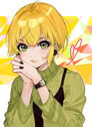 Rule 34 | 1girl, absurdres, bad id, bad twitter id, black nails, blonde hair, blush, commentary, earrings, eyelashes, green eyes, green sweater, hair between eyes, heart, highres, idolmaster, idolmaster cinderella girls, jewelry, lips, long sleeves, looking at viewer, miyamoto frederica, nail art, nail polish, own hands clasped, own hands together, revision, ribbed sweater, short hair, smile, sweater, turtleneck, turtleneck sweater, upper body, watch, white background, wristwatch, yuu (higashi no penguin)