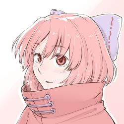 Rule 34 | 1girl, blue bow, blush, bow, cape, commentary request, hair bow, high collar, looking at viewer, outline, parted lips, pink background, poronegi, portrait, red cape, red eyes, red hair, sekibanki, short hair, solo, touhou, two-tone background, white background, white outline