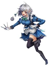 Rule 34 | 1girl, absurdres, ahoge, black footwear, black thighhighs, boots, braid, breasts, full body, gloves, grey hair, high heel boots, high heels, highres, holding, holding knife, izayoi sakuya, knife, long sleeves, looking at viewer, maid, maid headdress, medium breasts, medium hair, open mouth, pocket watch, red eyes, side braids, simple background, solo, thighhighs, touhou, twin braids, watch, white background, white gloves, yui (pfyt3782)