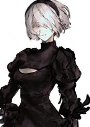 Rule 34 | black hairband, blue eyes, breasts, bright pupils, cleavage, cleavage cutout, clothing cutout, grey background, grey hair, hair over one eye, hairband, highres, ito (silva), mole, mole under mouth, nier (series), nier:automata, parted lips, pink lips, puffy sleeves, short hair, simple background, sketch, turtleneck, white pupils, 2b (nier:automata)