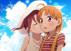 Rule 34 | 2girls, absurdres, aged down, ahoge, blue sky, blush, child, closed eyes, cloud, collarbone, commentary request, day, hat, highres, kiss, kissing cheek, kougi hiroshi, lens flare, love live!, love live! sunshine!!, multiple girls, open mouth, orange hair, outdoors, red eyes, red hair, red shirt, sakurauchi riko, shirt, short hair, short sleeves, sky, striped clothes, striped shirt, sun hat, suspenders, takami chika, tank top, twintails, upper body, white headwear, white shirt, white tank top, yuri