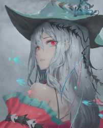 Rule 34 | 1girl, absurdres, aqua hat, arknights, bare back, bare shoulders, commentary, detached sleeves, dress, fish, from behind, grey background, hair between eyes, hat, highres, long hair, looking away, looking back, mtzgd, off shoulder, official alternate costume, parted lips, red dress, red eyes, silver hair, skadi (arknights), skadi the corrupting heart (arknights), solo, upper body