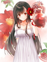 Rule 34 | 1girl, absurdres, arm behind back, bare shoulders, black hair, blush, breasts, cleavage, closed mouth, collarbone, commentary, detached sleeves, dress, english commentary, flower, food, fruit, hair flower, hair ornament, highres, long hair, looking at viewer, medium breasts, mole, mole under eye, original, pomegranate, pora 0918, red eyes, red ribbon, ribbon, short sleeves, smile, solo, standing, white dress