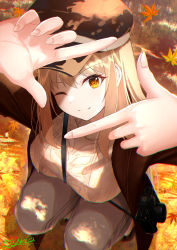 Rule 34 | 1girl, autumn leaves, between breasts, blonde hair, breasts, brown eyes, camera, chromatic aberration, closed mouth, finger frame, from above, hair between eyes, hat, highres, jacket, large breasts, leaf, long hair, looking at viewer, maple leaf, myria (7855), one eye closed, original, pants, shade, signature, smile, solo, squatting, strap between breasts, sweater, tan sweater, tree shade