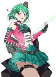Rule 34 | 1girl, :d, bare shoulders, belt, black belt, black choker, black hat, blush, choker, commentary request, cowboy shot, dolldolldd, elbow gloves, fingerless gloves, gloves, green hair, green skirt, hand up, hat, highres, kiratto pri chan, korean commentary, looking at viewer, midorikawa sara, mini hat, open mouth, pink eyes, pink shirt, plaid, plaid skirt, pleated skirt, pretty series, shirt, short hair, simple background, skirt, smile, solo, standing, thigh strap, white background