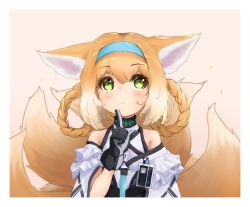 Rule 34 | 1girl, animal ears, arknights, bare shoulders, black bow, black gloves, blue hairband, blush, border, bow, braided hair rings, brown background, closed mouth, commentary request, dress, female focus, gloves, green eyes, hair between eyes, hairband, hand up, highres, id card, index finger raised, infection monitor (arknights), looking away, looking up, multiple tails, record42, solo, suzuran (arknights), tail, tail raised, upper body, white border, white dress