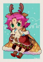 Rule 34 | 1girl, antlers, artist name, boots, brown gloves, cape, character doll, commentary request, dress, facial mark, fae (fire emblem), fae (winter) (fire emblem), fire emblem, fire emblem: the binding blade, fire emblem heroes, flyer 27, forehead mark, fur trim, gloves, green eyes, highres, horns, long sleeves, nintendo, pointy ears, purple hair, reindeer antlers, short hair, solo