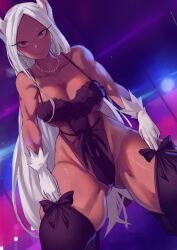 Rule 34 | 1girl, adjusting clothes, adjusting legwear, animal ears, bare shoulders, black leotard, black thighhighs, blush, boku no hero academia, bow legwear, breasts, cleavage, collarbone, commentary, dark-skinned female, dark skin, english commentary, funi xd, gloves, gluteal fold, highleg, highres, jewelry, large breasts, leotard, long eyelashes, long hair, looking at viewer, mirko, narrow waist, necklace, parted bangs, pearl necklace, rabbit ears, rabbit girl, red eyes, skindentation, smile, solo, spaghetti strap, thick thighs, thighhighs, thighs, toned, white gloves, white hair, wide hips