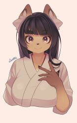 Rule 34 | 1girl, absurdres, animal ear fluff, animal ears, artist name, black hair, breasts, claws, eyebrows, eyelashes, female focus, fox ears, fox girl, furry, furry female, highres, hime cut, japanese clothes, kimono, komena (ryuusui arumo), large breasts, looking at viewer, original, ryuusui arumo, smile, solo, v-neck