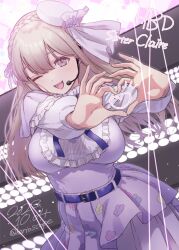 Rule 34 | 1girl, ;d, belt, blonde hair, braid, breasts, character name, dress, french braid, happy birthday, headset, heart, heart hands, herio, highres, large breasts, long hair, long sleeves, nijisanji, official alternate costume, one eye closed, open mouth, purple belt, purple dress, sister claire, sister claire (10th costume), smile, solo, virtual youtuber