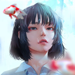 Rule 34 | 1girl, black hair, blue eyes, blurry, blurry foreground, bob cut, bubble, depth of field, fish, highres, looking at viewer, original, parted lips, portrait, short hair, solo, underwater, wataboku