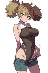 Rule 34 | 1girl, 2024, adapted costume, adapted uniform, asticassia school uniform, batta 16-sei, black leotard, breasts, brown eyes, brown hair, clothes pull, collared leotard, covered navel, curly hair, gundam, gundam suisei no majo, highleg, highleg leotard, highres, large breasts, leotard, light smile, looking at viewer, open clothes, open shorts, renee costa, school uniform, short twintails, shorts, shorts pull, signature, skin tight, smile, solo, solo focus, standing, thick eyebrows, thighs, twintails, white background