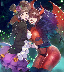 Rule 34 | 2girls, alternate costume, bodystocking, breasts, brown hair, cleavage, collar, dress, dual persona, feathers, frilled sleeves, frills, hair over eyes, halloween, handler (monster hunter world), hat, holding hands, horns, jewelry, lipstick, looking at viewer, makeup, mini hat, mini top hat, monster hunter, monster hunter: world, monster hunter (series), multiple girls, official alternate costume, pechan, pointy ears, purple lips, red lips, ring, shrug (clothing), studded collar, time paradox, top hat