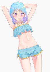 Rule 34 | 1girl, aikatsu! (series), aikatsu friends!, armpits, arms behind head, arms up, bare arms, bare shoulders, bikini, bikini top only, blue bikini, blue hair, blue shorts, blush, closed mouth, collarbone, commentary request, duplicate, gradient hair, grey background, highres, k mugura, looking at viewer, minato mio, mouth hold, multicolored hair, navel, purple eyes, purple hair, short shorts, shorts, simple background, solo, standing, swimsuit