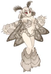Rule 34 | 1girl, antennae, arthropod girl, breasts, commentary, english commentary, full body, fur, grey hair, highres, insect girl, insect wings, large breasts, looking at viewer, monster girl, moth girl, moth wings, navel, no pupils, original, outstretched arm, red eyes, rtil, short hair, simple background, sketch, smile, solo, white background, wings
