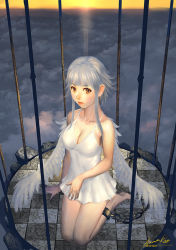 Rule 34 | 1girl, ankle cuffs, ariverkao, bare shoulders, barefoot, birdcage, brown eyes, cage, chain, dress, kneeling, looking at viewer, original, short hair with long locks, silver hair, solo, wings
