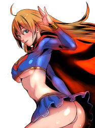 Rule 34 | 1girl, ahoge, animification, ass, bad id, bad twitter id, blonde hair, blue eyes, breasts, cape, clothes lift, colored eyelashes, dc comics, highres, katou teppei, large breasts, long hair, looking to the side, midriff, miniskirt, panties, pantyshot, skirt, skirt lift, solo, supergirl, superman (series), underboob, underwear, waving